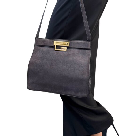 GUCCI Vintage G Square Logo Shoulder Bag Handbag Black Gold Suede [105633] - Picture 3 of 13